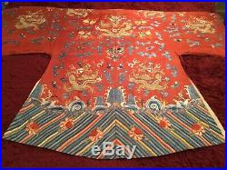 ANTIQUE CHINESE 19th c QI'ING SILK EMBROIDERED DRAGON ROBE JACKET EMBROIDERY