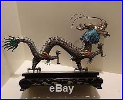 Antique Chinese Asian Silver And Enamel Dragon On Wood Stand