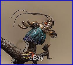 Antique Chinese Asian Silver And Enamel Dragon On Wood Stand