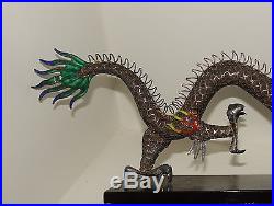 Antique Chinese Asian Silver And Enamel Dragon On Wood Stand