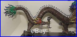 Antique Chinese Asian Silver And Enamel Dragon On Wood Stand