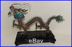 Antique Chinese Asian Silver And Enamel Dragon On Wood Stand