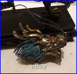Antique Chinese Asian Silver And Enamel Dragon On Wood Stand