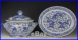 Antique Chinese Blue + White Porcelain Tureen With Under Plate And Dragons