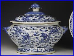 Antique Chinese Blue + White Porcelain Tureen With Under Plate And Dragons