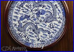 ANTIQUE CHINESE BLUE WHITE ROUND TILE PLAQUE W DRAGONS IN FRAME