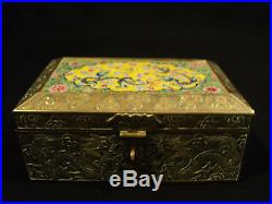 ANTIQUE CHINESE BRASS and ENAMELED BOX with DRAGONS & FLAMING PEARL DECORATION