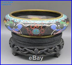 ANTIQUE CHINESE BRONZE CLOISONNE ENAMELED DRAGON BOWL ON WOODEN STAND, c1920