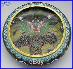 ANTIQUE CHINESE BRONZE CLOISONNE ENAMELED DRAGON BOWL ON WOODEN STAND, c1920