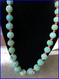 ANTIQUE CHINESE CARVED GREEN TURQUOISE DRAGON SHOU CORAL BEADS NECKLACE 60g