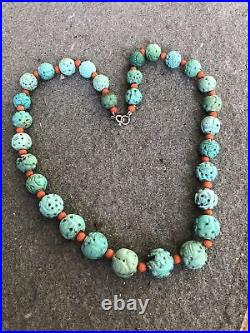 ANTIQUE CHINESE CARVED GREEN TURQUOISE DRAGON SHOU CORAL BEADS NECKLACE 60g