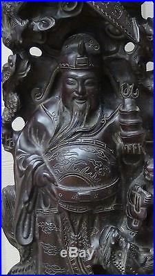 ANTIQUE CHINESE CARVED WOOD STATUE GOD OF WEALTH & PROSPERITY and DRAGONS