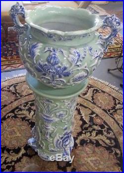 Antique Chinese Celadon 37 Tall. Jardiniere & Pedestal Dragon Design Impressive