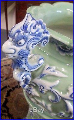 Antique Chinese Celadon 37 Tall. Jardiniere & Pedestal Dragon Design Impressive