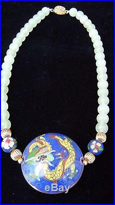 ANTIQUE CHINESE CELADON JADEITE BEADS NECKLACE With CLOISONNE DRAGON FLAT PENDANT