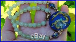 ANTIQUE CHINESE CELADON JADEITE BEADS NECKLACE With CLOISONNE DRAGON FLAT PENDANT