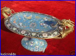 ANTIQUE CHINESE CLOISONNE ENAMEL FOOTED BOWL BRONZE DRAGON HANDLES QING DYNASTY