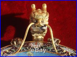 ANTIQUE CHINESE CLOISONNE ENAMEL FOOTED BOWL BRONZE DRAGON HANDLES QING DYNASTY