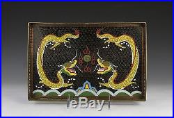 Antique Chinese Cloisonne Rectangular Tray With Confronting Dragons