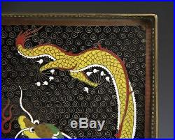 Antique Chinese Cloisonne Rectangular Tray With Confronting Dragons