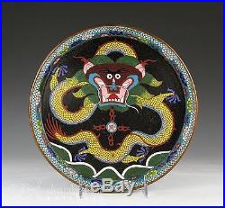 Antique Chinese Cloisonne Round Tray Plate With Dragon