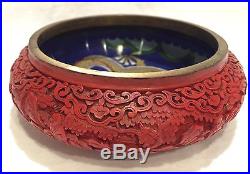 ANTIQUE CHINESE CLOISSONE ENAMEL CARVED CINNABAR LACQUER DRAGON BOWL SCHOLAR VTG