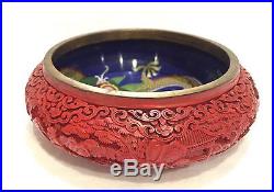 ANTIQUE CHINESE CLOISSONE ENAMEL CARVED CINNABAR LACQUER DRAGON BOWL SCHOLAR VTG