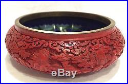 ANTIQUE CHINESE CLOISSONE ENAMEL CARVED CINNABAR LACQUER DRAGON BOWL SCHOLAR VTG