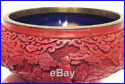 ANTIQUE CHINESE CLOISSONE ENAMEL CARVED CINNABAR LACQUER DRAGON BOWL SCHOLAR VTG