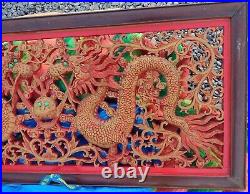 ANTIQUE CHINESE DOUBLE DRAGON WOODEN HAND CARVED WALL ART HEAVY! (54L x 24T)