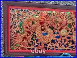 ANTIQUE CHINESE DOUBLE DRAGON WOODEN HAND CARVED WALL ART HEAVY! (54L x 24T)