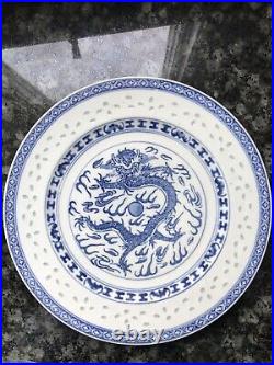 ANTIQUE CHINESE DRAGON FIVE CLAWS PORCELAIN B&W PLATE Signed Qing Dynasty