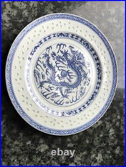 ANTIQUE CHINESE DRAGON FIVE CLAWS PORCELAIN B&W PLATE Signed Qing Dynasty