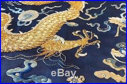 ANTIQUE CHINESE EMBROIDERED SILK PANEL GOLD THREAD EMBROIDERY DRAGON 18x 62L