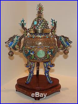 Antique Chinese Enamel Jade Coral Turquoise Silver Dragon Censer