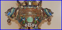 Antique Chinese Enamel Jade Coral Turquoise Silver Dragon Censer