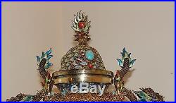 Antique Chinese Enamel Jade Coral Turquoise Silver Dragon Censer