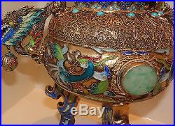 Antique Chinese Enamel Jade Coral Turquoise Silver Dragon Censer