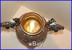 Antique Chinese Enamel Jade Coral Turquoise Silver Dragon Censer