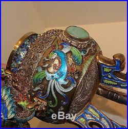Antique Chinese Enamel Jade Coral Turquoise Silver Dragon Censer