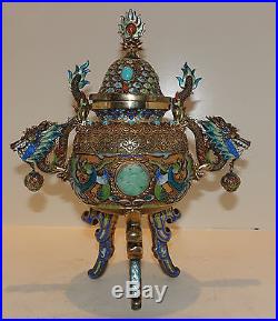 Antique Chinese Enamel Jade Coral Turquoise Silver Dragon Censer