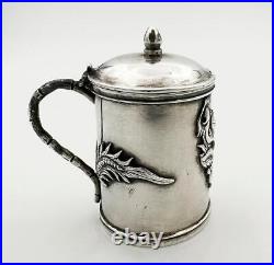 ANTIQUE CHINESE EXPORT DRAGON SILVER MUSTARD POT c1890 WC90