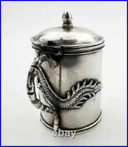 ANTIQUE CHINESE EXPORT DRAGON SILVER MUSTARD POT c1890 WC90