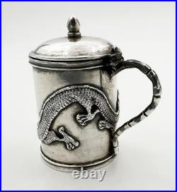 ANTIQUE CHINESE EXPORT DRAGON SILVER MUSTARD POT c1890 WC90