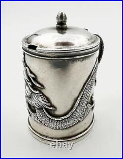 ANTIQUE CHINESE EXPORT DRAGON SILVER MUSTARD POT c1890 WC90