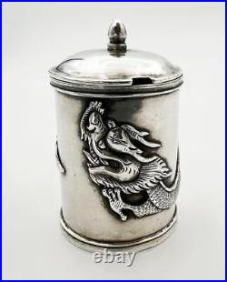 ANTIQUE CHINESE EXPORT DRAGON SILVER MUSTARD POT c1890 WC90