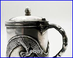 ANTIQUE CHINESE EXPORT DRAGON SILVER MUSTARD POT c1890 WC90