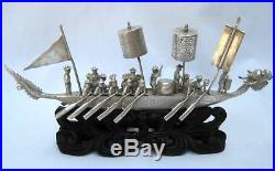 Antique Chinese Export Hallmarked Sterling Silver Miniature Dragon Ship Boat