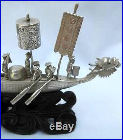 Antique Chinese Export Hallmarked Sterling Silver Miniature Dragon Ship Boat