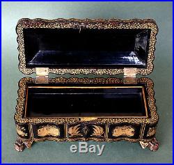 ANTIQUE CHINESE EXPORT LACQUER BOX WINGED DRAGON FEET HAND PAINTED GILDED DECOR